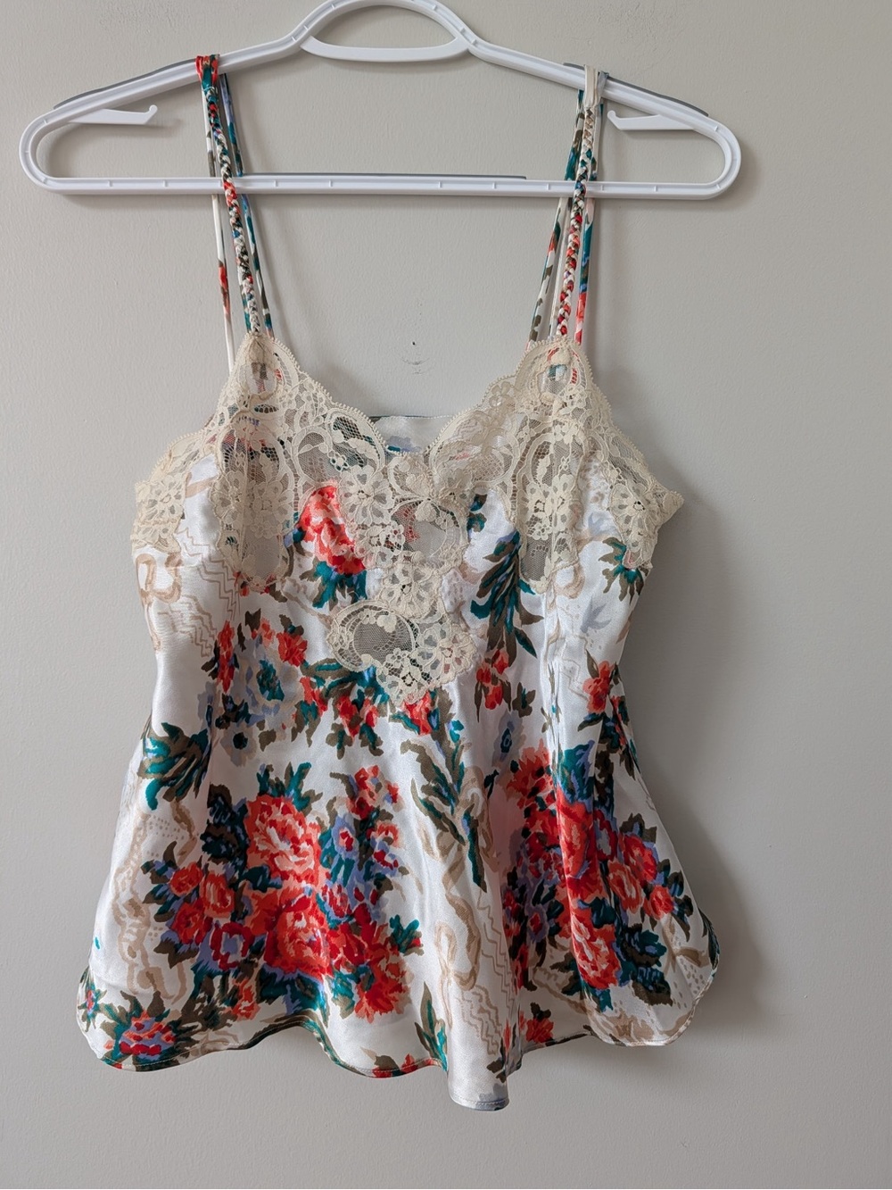 Vintage Victoria's Secret Floral Satin Cami with Cream Lace Trim Small